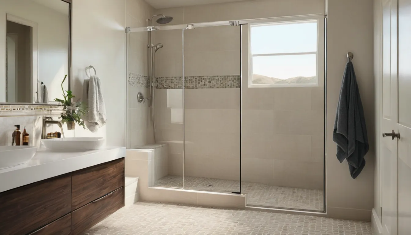 Smiling older homeowner stepping through a low-entry walk-in shower in a bright Plano home bathroom