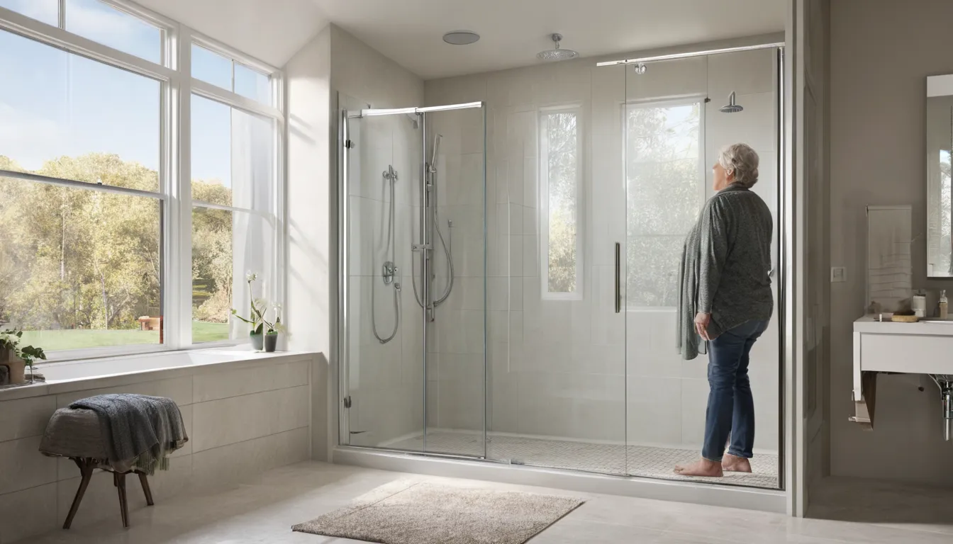 Bright, modern walk-in shower with a low threshold, built-in bench and grab bar in a Plano home