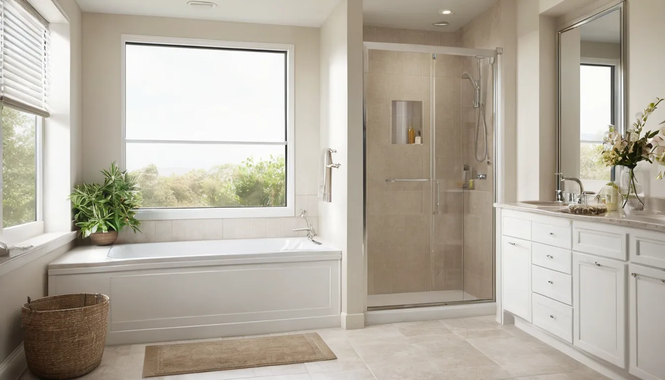 Friendly provider showing a senior homeowner a walk-in tub in a bright bathroom in Plano